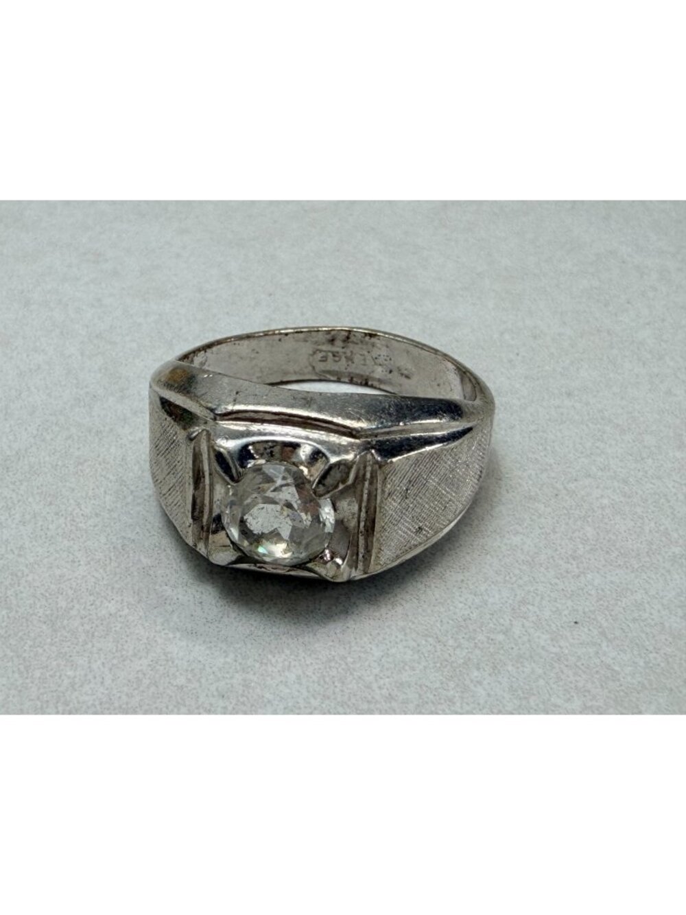 Vintage Art Deco Style Mens Silver Tone Solitaire Style Ring Clear Stone Retro 9